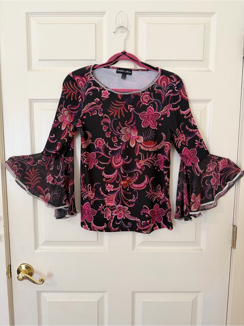 Thomas & Olivia Bell Sleeve Floral Top Small Rhinestone Neck Sheer Flare Sleeve